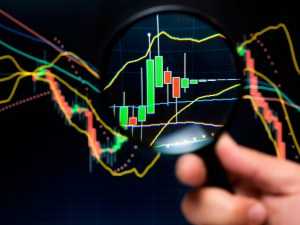 Magnifier and graph, basic tools of technical analysis on the stock market.
